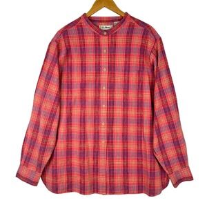 LL Bean Women's‎ Plaid Button Front Shirt Red Pink Blue Linen Cotton Classic XL